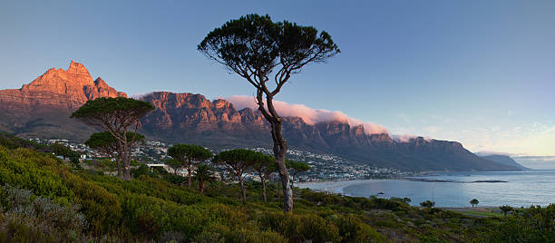 Camps Bay with Mountain Range of Table Mountain and Twelve Apostles near Cape Town at sunset